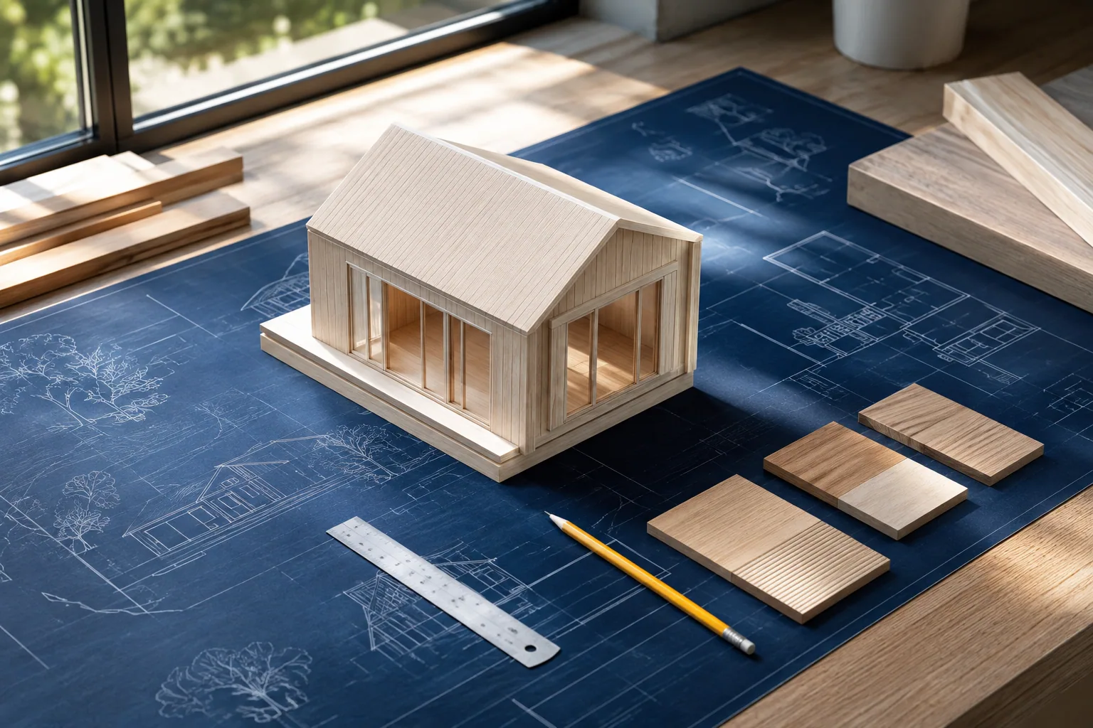 An architectural model arranged beside drawings and material samples.