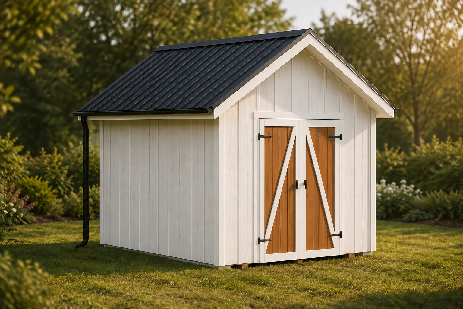 A warm-white garden shed with paired timber doors, a charcoal gable roof and soft afternoon light.